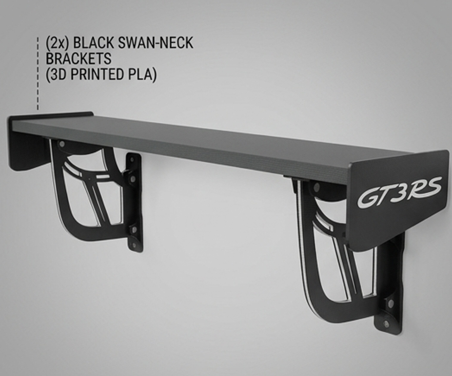 Porsche GT3 RS Inspired Aerodynamic Wall Shelf 3D-PRINTED PLA KIT - Set of 2 Swan Necks, 2 End Plates, & 4 Brackets (Self Assembly, Hardware Not Included)