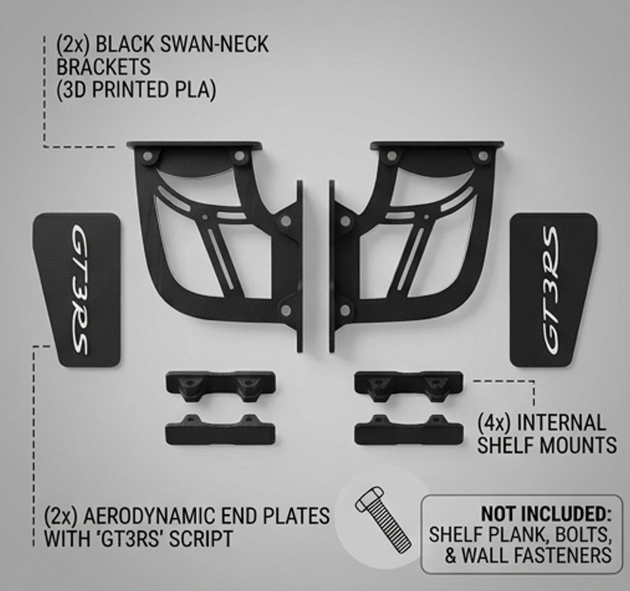 Porsche GT3 RS Inspired Aerodynamic Wall Shelf 3D-PRINTED PLA KIT - Set of 2 Swan Necks, 2 End Plates, & 4 Brackets (Self Assembly, Hardware Not Included)
