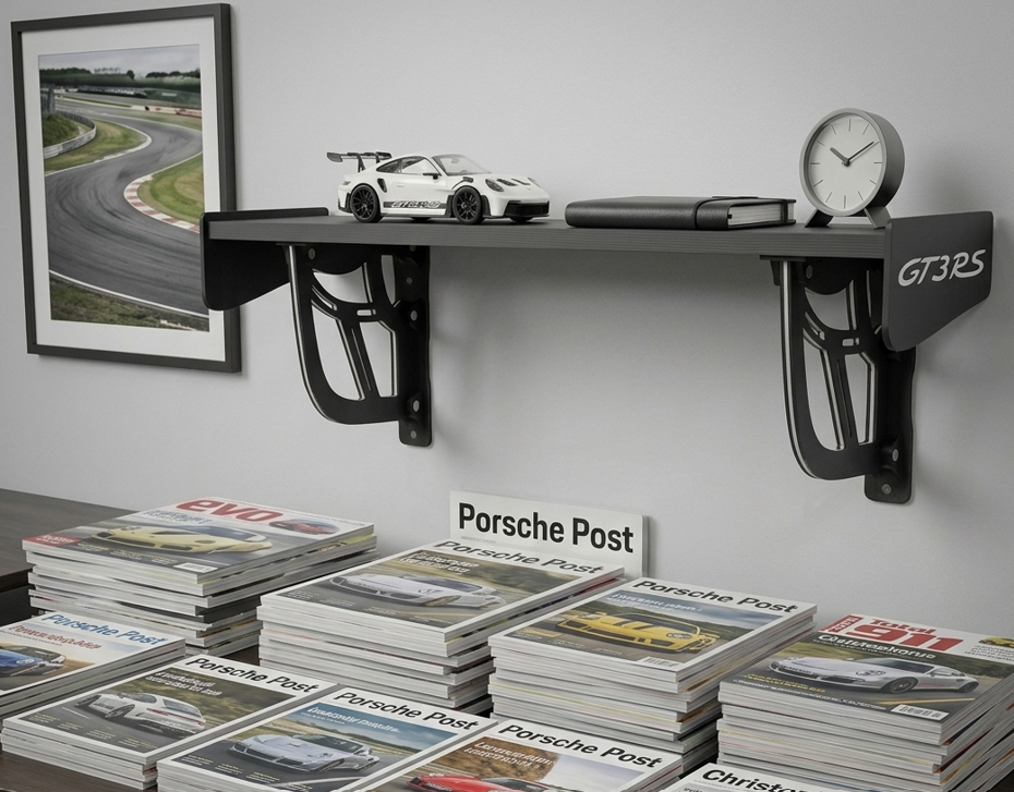 Porsche GT3 RS Inspired Aerodynamic Wall Shelf 3D-PRINTED PLA KIT - Set of 2 Swan Necks, 2 End Plates, & 4 Brackets (Self Assembly, Hardware Not Included)